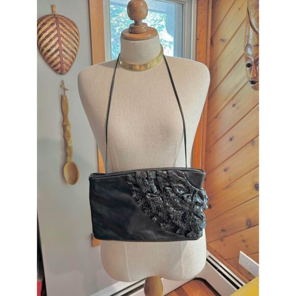 1980’s Vintage Snakeskin Black Leather Ruffled Purse/Clutch